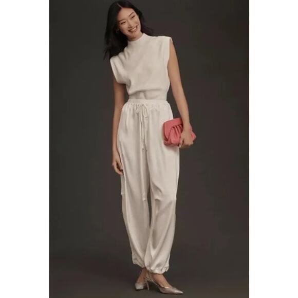 Maeve Pants Women Small Silky Parachute Wide Leg Baggy White Boho Chic Minimalis - Picture 1 of 14